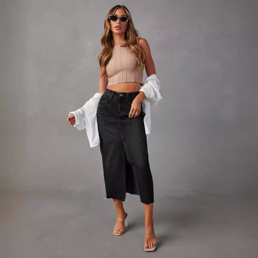 High Waist Denim Midi-Rock